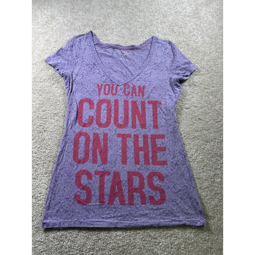 American‎ Eagle Women's Purple Slogan Top Small V-Neck Cotton Burnout Sheer Y2K